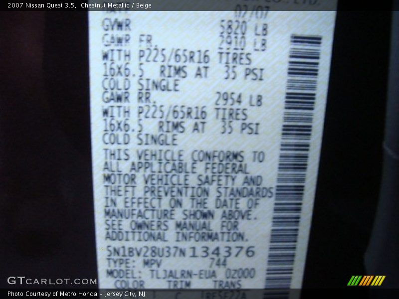 2007 Quest 3.5 Chestnut Metallic Color Code C50