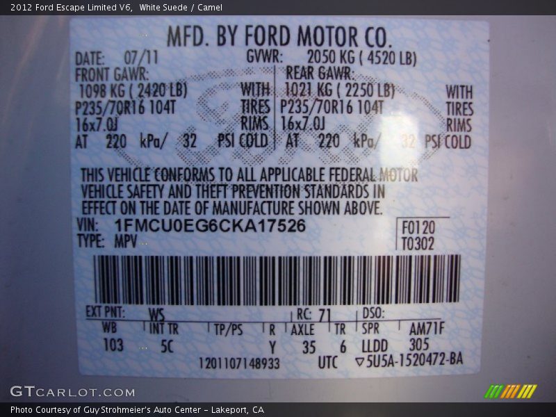 White Suede / Camel 2012 Ford Escape Limited V6