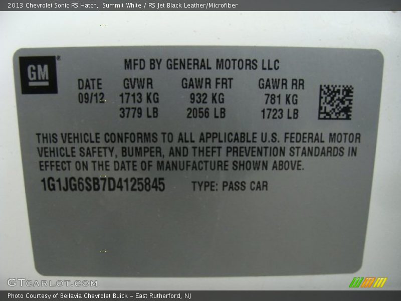 Info Tag of 2013 Sonic RS Hatch