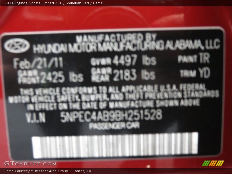 Venetian Red / Camel 2011 Hyundai Sonata Limited 2.0T