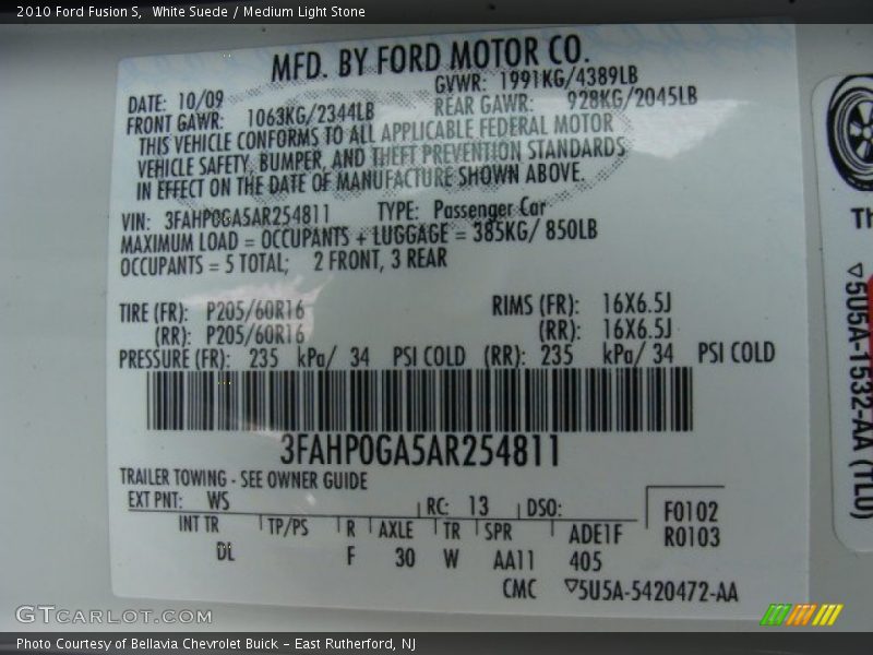 White Suede / Medium Light Stone 2010 Ford Fusion S