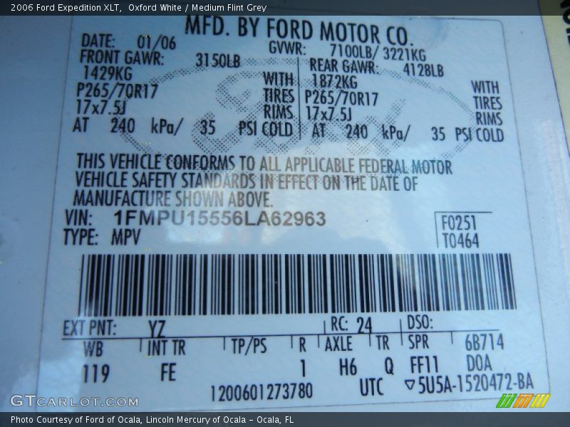 2006 Expedition XLT Oxford White Color Code YZ
