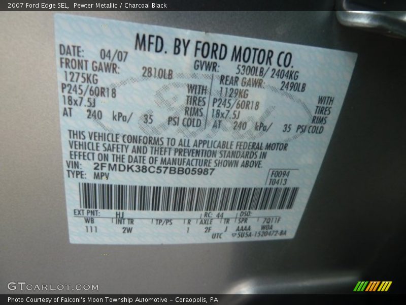 Pewter Metallic / Charcoal Black 2007 Ford Edge SEL