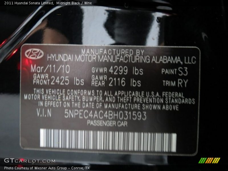 Midnight Black / Wine 2011 Hyundai Sonata Limited