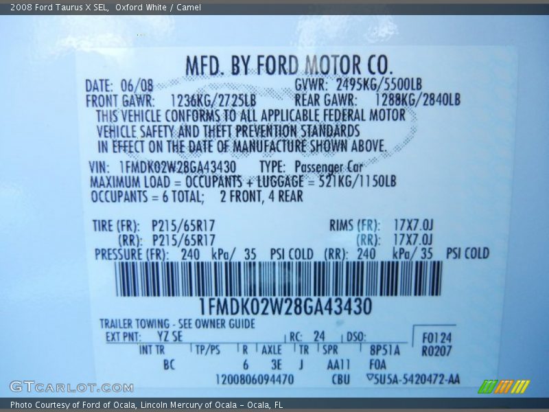 Oxford White / Camel 2008 Ford Taurus X SEL