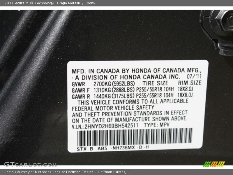 Grigio Metallic / Ebony 2011 Acura MDX Technology