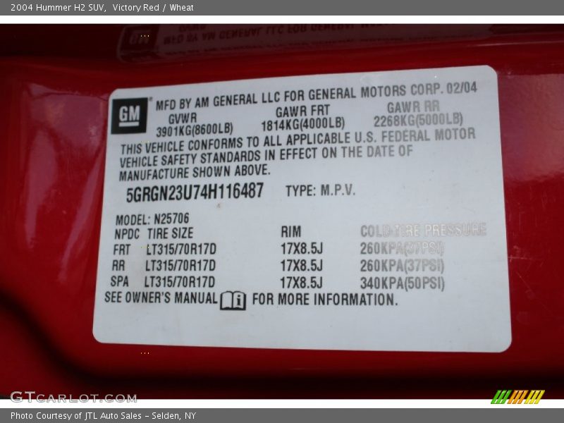 Info Tag of 2004 H2 SUV
