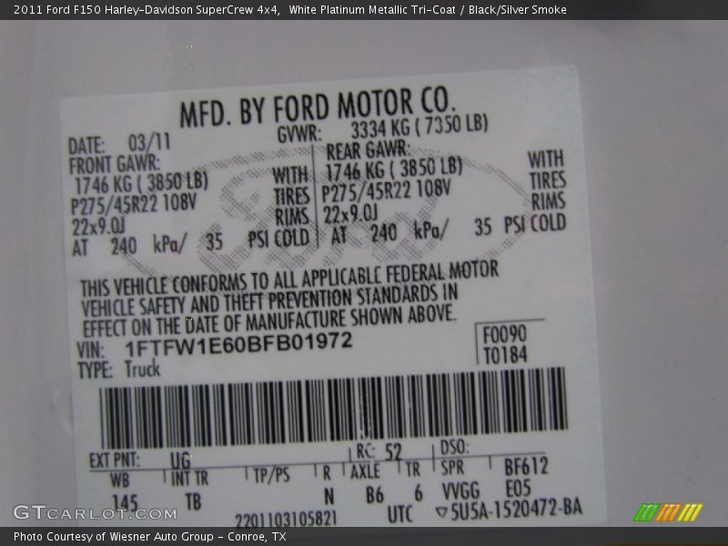 2011 F150 Harley-Davidson SuperCrew 4x4 White Platinum Metallic Tri-Coat Color Code UG