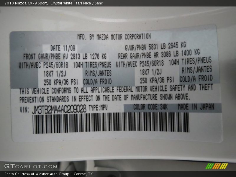 Crystal White Pearl Mica / Sand 2010 Mazda CX-9 Sport