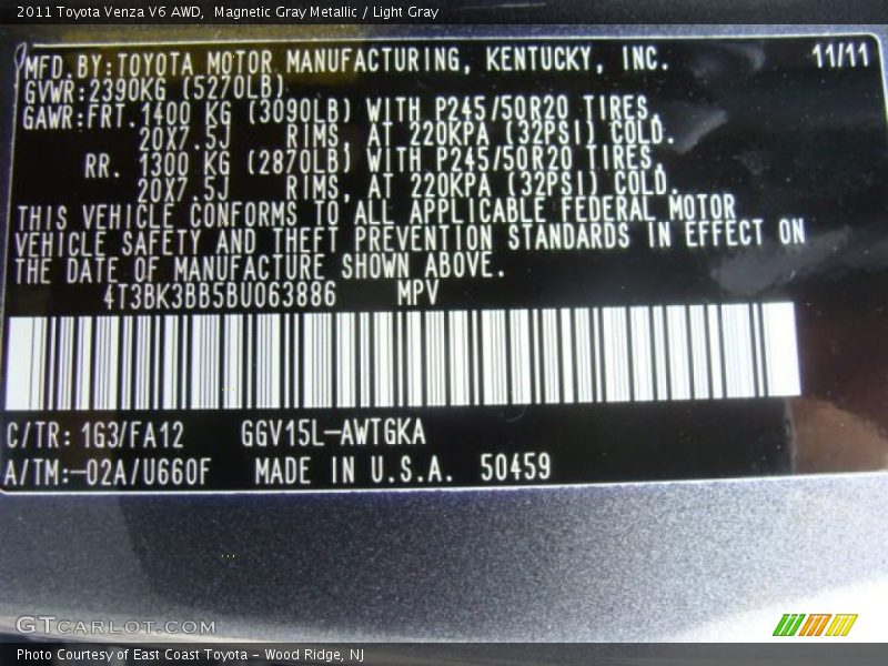 Magnetic Gray Metallic / Light Gray 2011 Toyota Venza V6 AWD