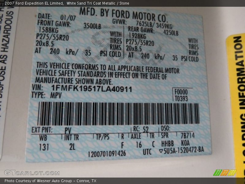 2007 Expedition EL Limited White Sand Tri Coat Metallic Color Code PV