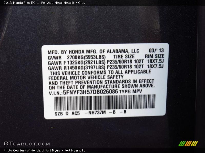 Polished Metal Metallic / Gray 2013 Honda Pilot EX-L