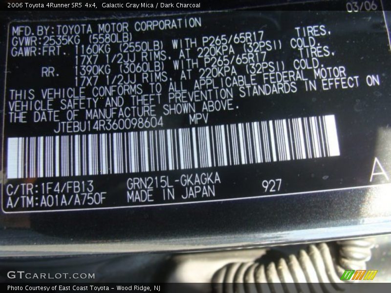 Galactic Gray Mica / Dark Charcoal 2006 Toyota 4Runner SR5 4x4