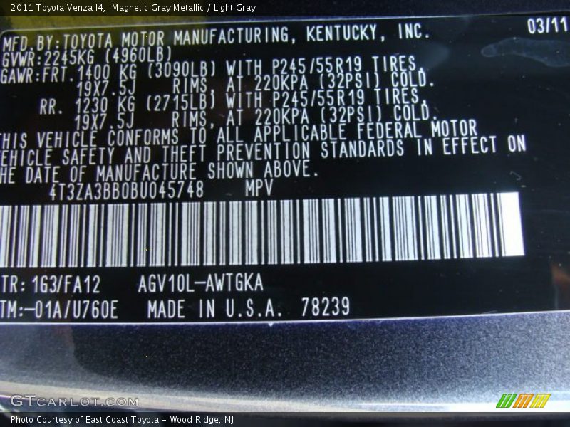 Magnetic Gray Metallic / Light Gray 2011 Toyota Venza I4