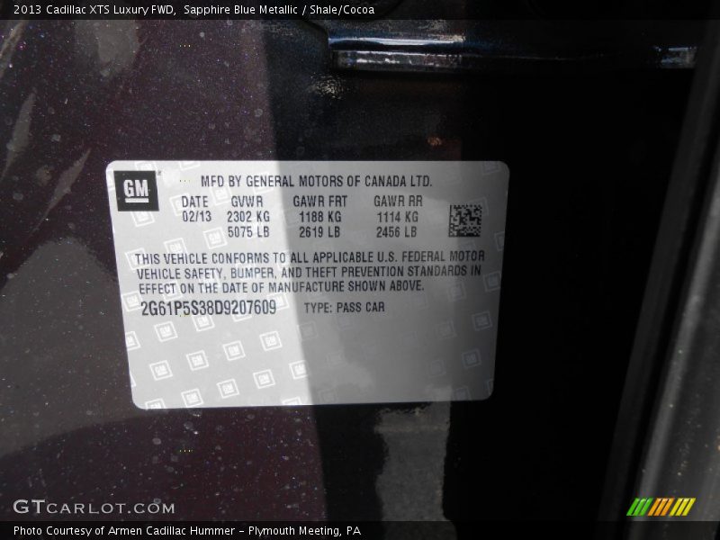 Sapphire Blue Metallic / Shale/Cocoa 2013 Cadillac XTS Luxury FWD
