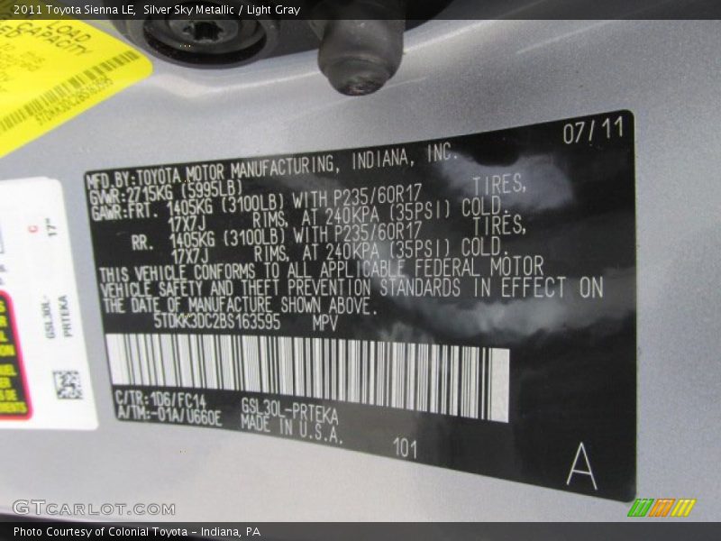 Silver Sky Metallic / Light Gray 2011 Toyota Sienna LE