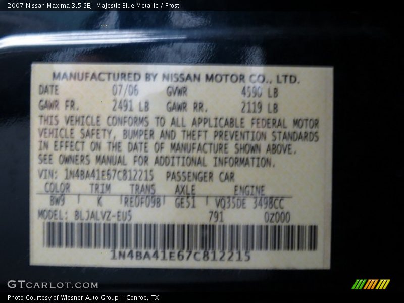 Majestic Blue Metallic / Frost 2007 Nissan Maxima 3.5 SE