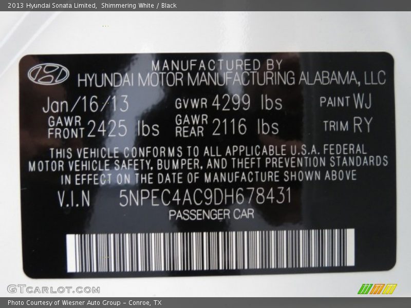 Shimmering White / Black 2013 Hyundai Sonata Limited