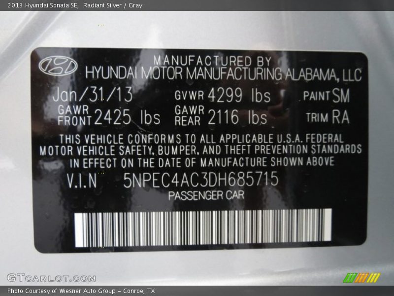 Radiant Silver / Gray 2013 Hyundai Sonata SE