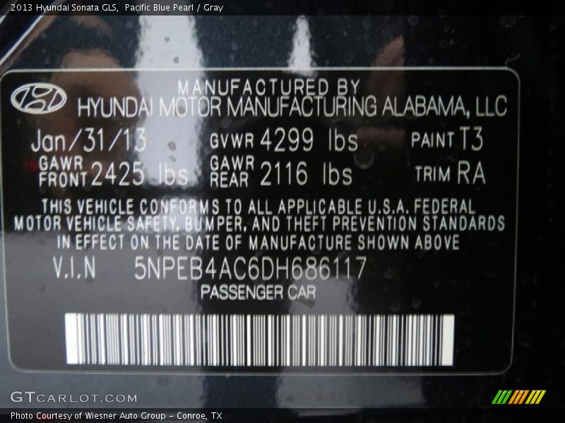 Pacific Blue Pearl / Gray 2013 Hyundai Sonata GLS