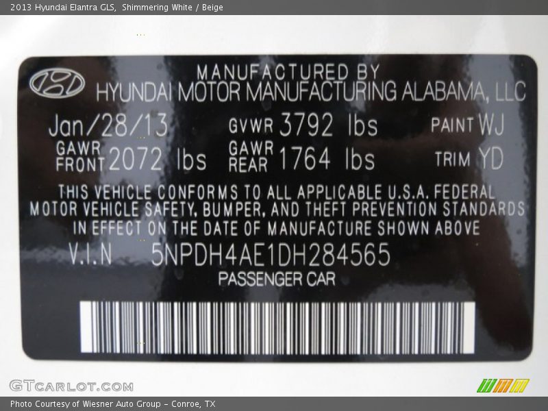 2013 Elantra GLS Shimmering White Color Code WJ