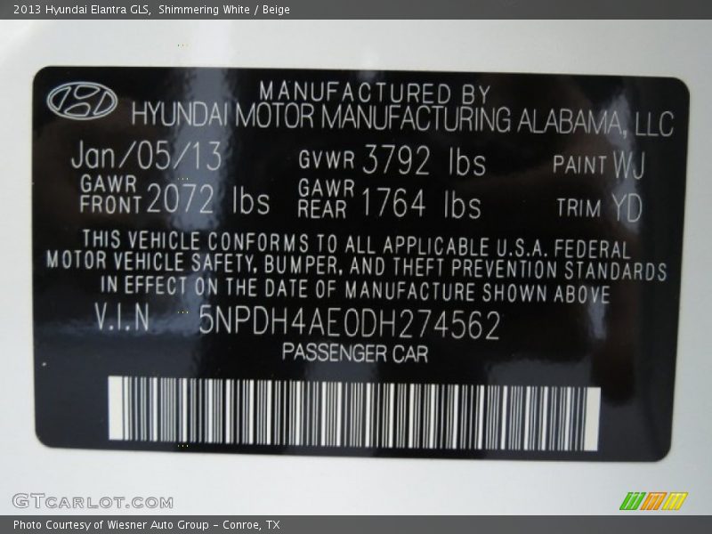 Shimmering White / Beige 2013 Hyundai Elantra GLS