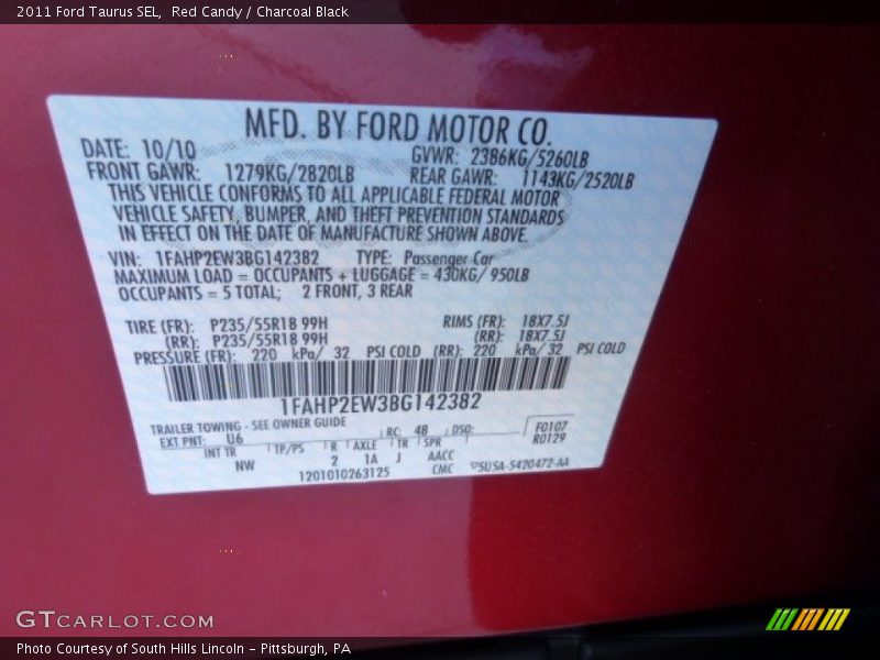 Red Candy / Charcoal Black 2011 Ford Taurus SEL