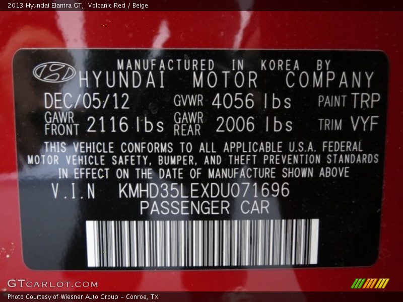 2013 Elantra GT Volcanic Red Color Code TRP