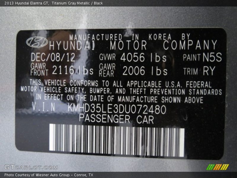 Titanium Gray Metallic / Black 2013 Hyundai Elantra GT