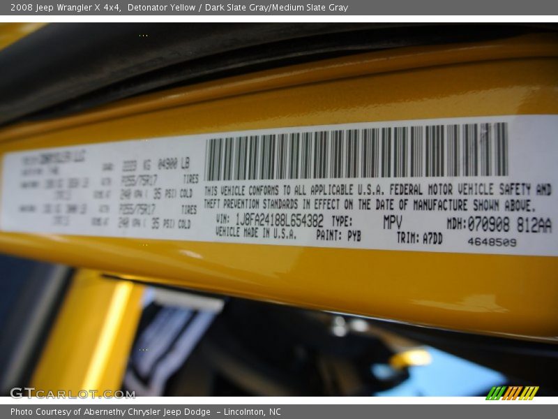 2008 Wrangler X 4x4 Detonator Yellow Color Code PYB