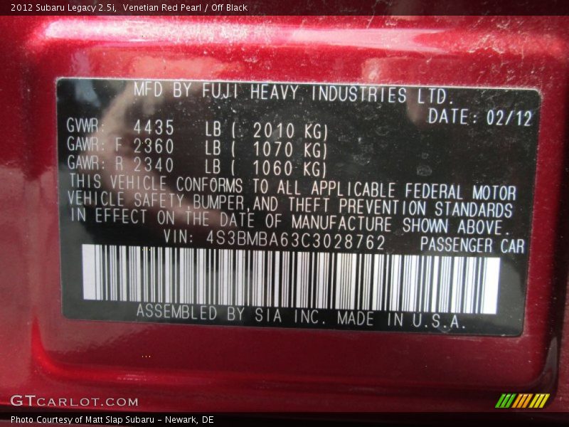 Venetian Red Pearl / Off Black 2012 Subaru Legacy 2.5i