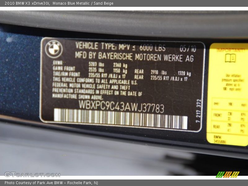 Monaco Blue Metallic / Sand Beige 2010 BMW X3 xDrive30i