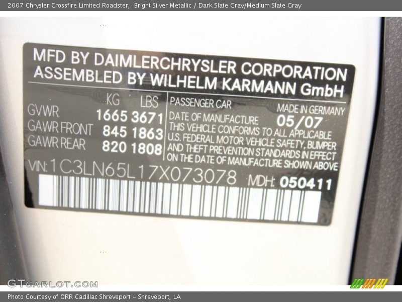 Bright Silver Metallic / Dark Slate Gray/Medium Slate Gray 2007 Chrysler Crossfire Limited Roadster