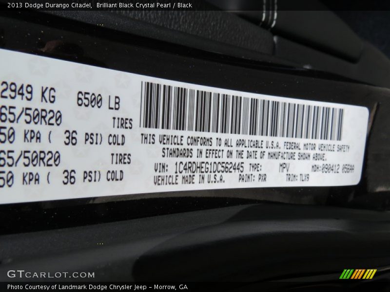 2013 Durango Citadel Brilliant Black Crystal Pearl Color Code PXR