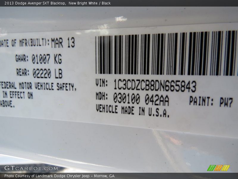 2013 Avenger SXT Blacktop New Bright White Color Code PW7