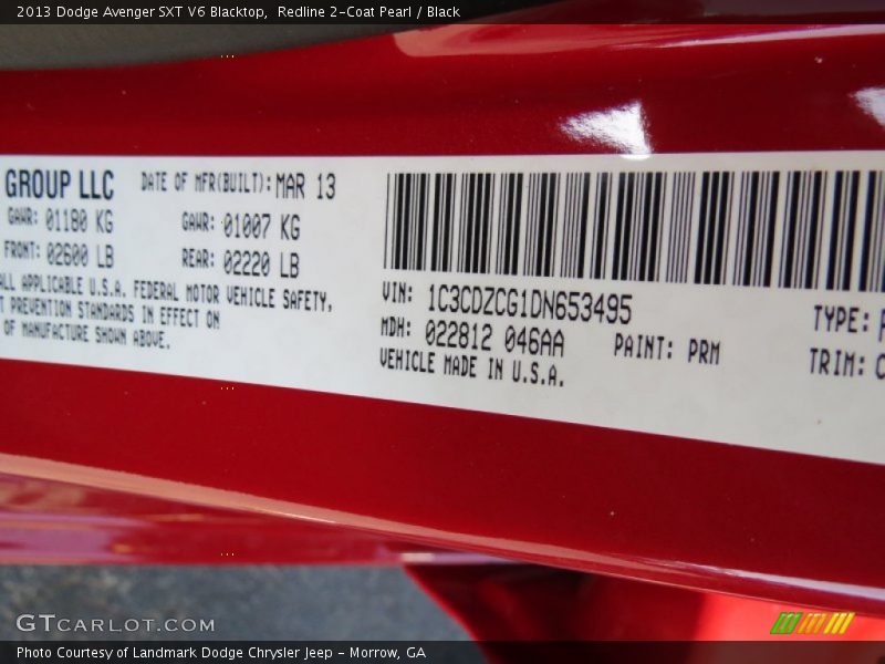 2013 Avenger SXT V6 Blacktop Redline 2-Coat Pearl Color Code PRM