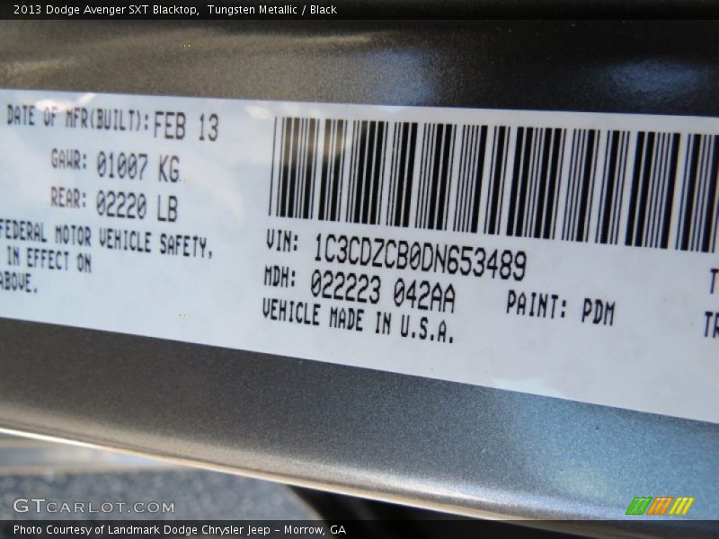 2013 Avenger SXT Blacktop Tungsten Metallic Color Code PDM