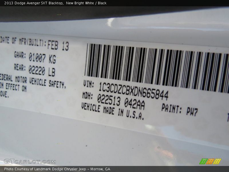 2013 Avenger SXT Blacktop New Bright White Color Code PW7