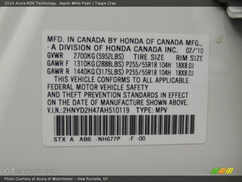 Aspen White Pearl / Taupe Gray 2010 Acura MDX Technology