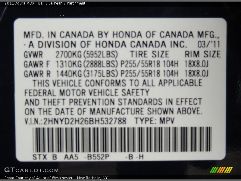 Bali Blue Pearl / Parchment 2011 Acura MDX