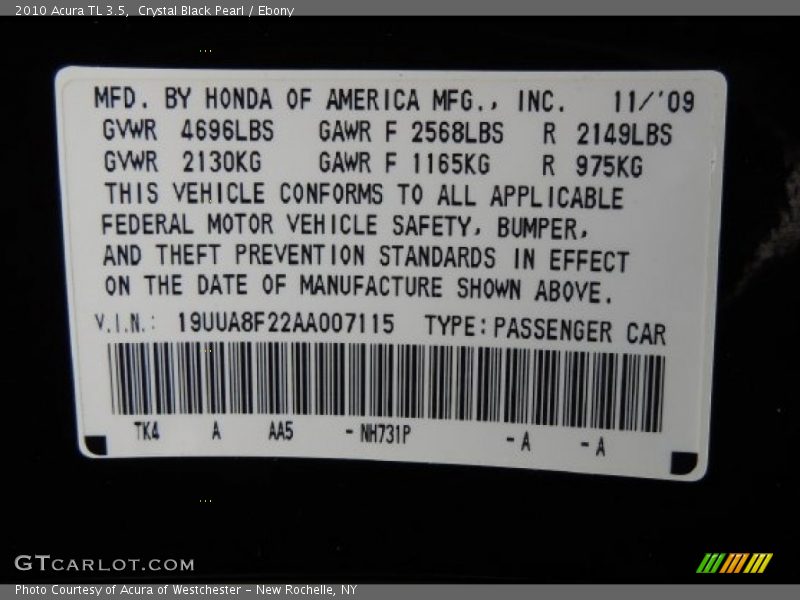 Crystal Black Pearl / Ebony 2010 Acura TL 3.5