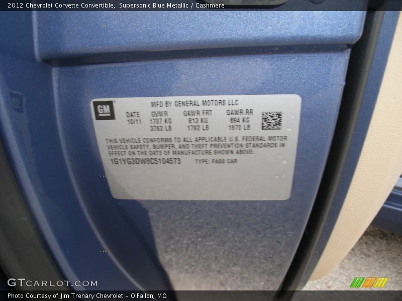 Info Tag of 2012 Corvette Convertible