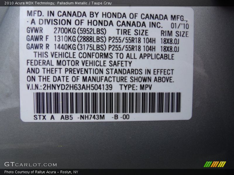 Palladium Metallic / Taupe Gray 2010 Acura MDX Technology