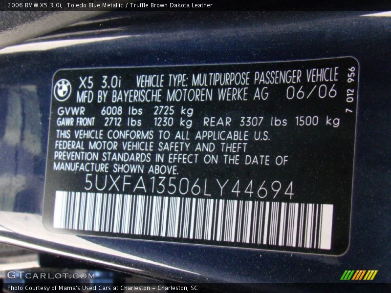 Toledo Blue Metallic / Truffle Brown Dakota Leather 2006 BMW X5 3.0i