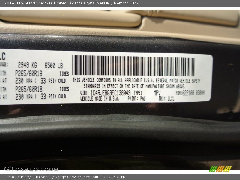 2014 Grand Cherokee Limited Granite Crystal Metallic Color Code PAU