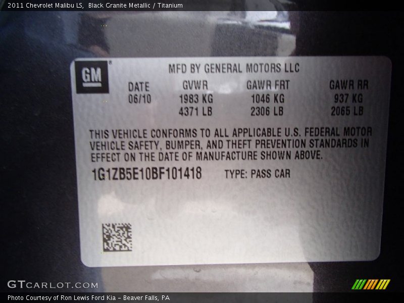 Black Granite Metallic / Titanium 2011 Chevrolet Malibu LS