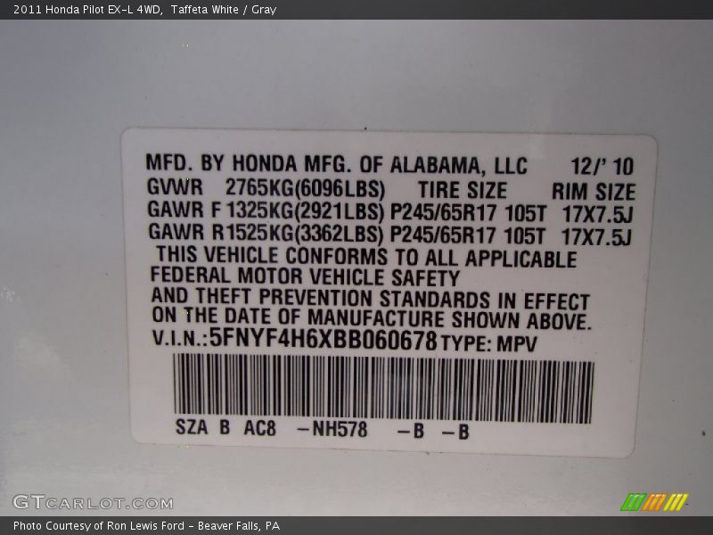 Taffeta White / Gray 2011 Honda Pilot EX-L 4WD