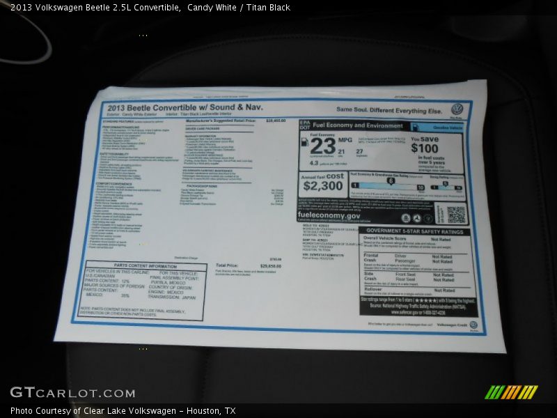  2013 Beetle 2.5L Convertible Window Sticker