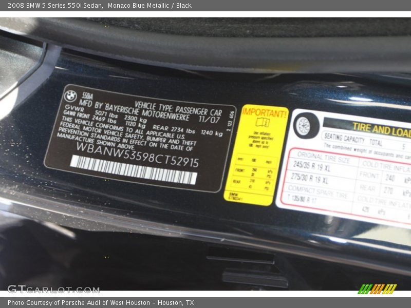 Monaco Blue Metallic / Black 2008 BMW 5 Series 550i Sedan
