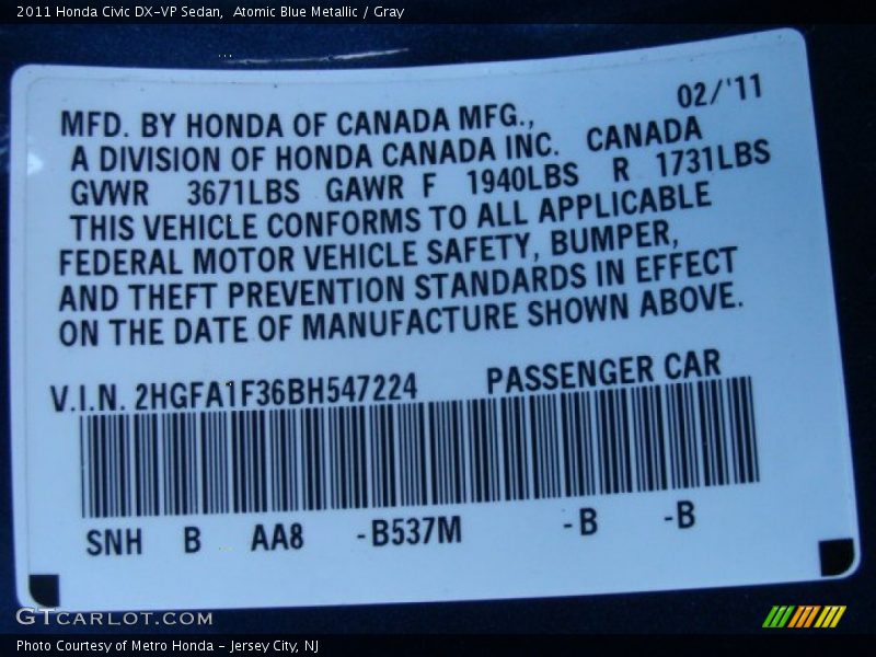 Atomic Blue Metallic / Gray 2011 Honda Civic DX-VP Sedan